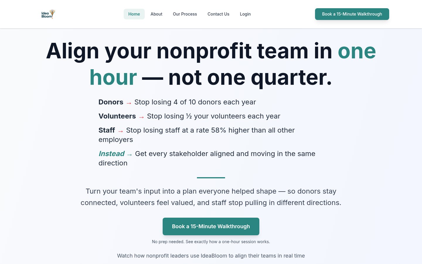 The IdeaBloom homepage: align your nonprofit team in one hour, not one quarter