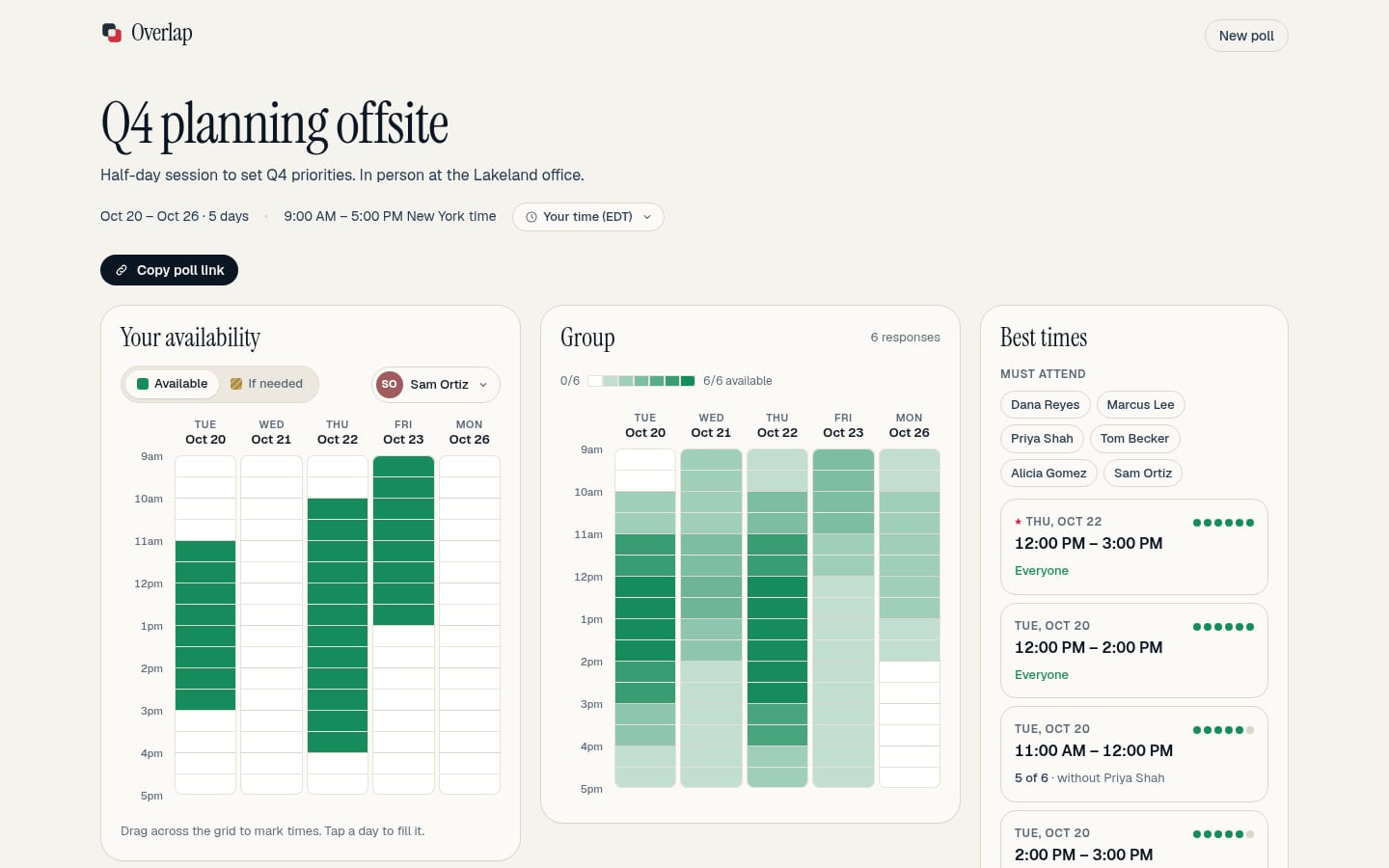 An Overlap poll: your availability, the group heatmap and the ranked best times